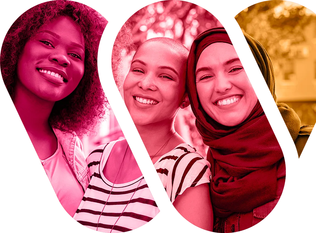 Smiling women framed in the shape of the WHIR logo